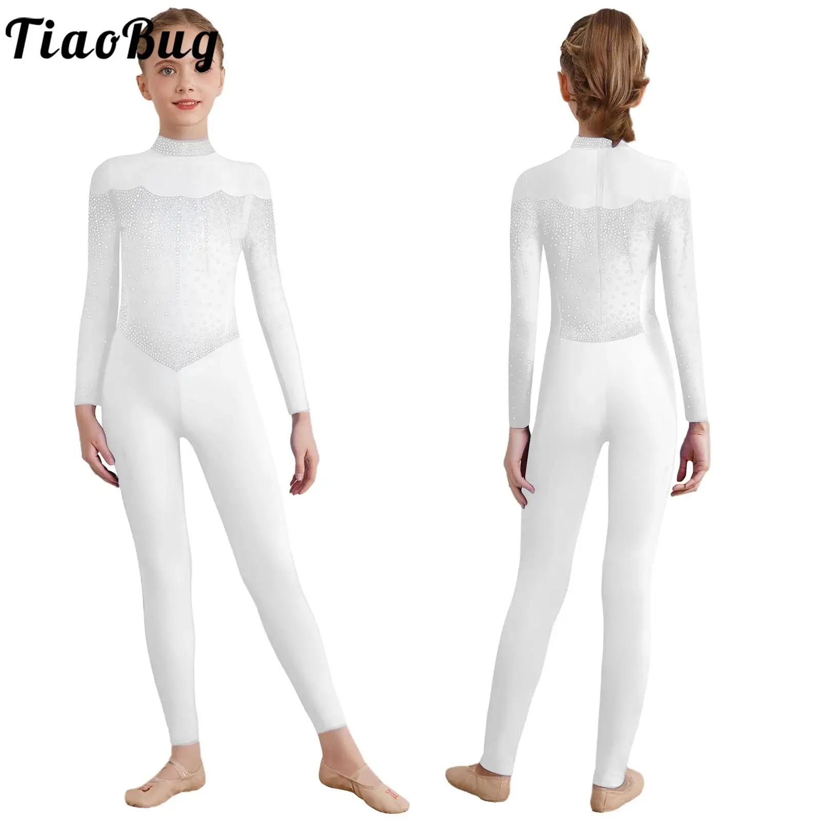 

Girl Shiny Rhinestones Gymnastic Leotard Long Sleeve Sheer Mesh Full Body Unitard for Figure Skating Dance Acrobatic Performance