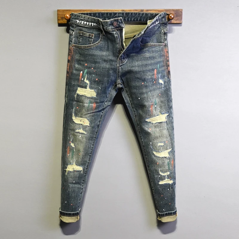 

Мужские джинсы Y2K в уличном стиле, ретро, синие, стрейч, слим-фит, с эффектом потертости и рваными элементами, в стиле хип-хоп, винтажные джинсовые брюки