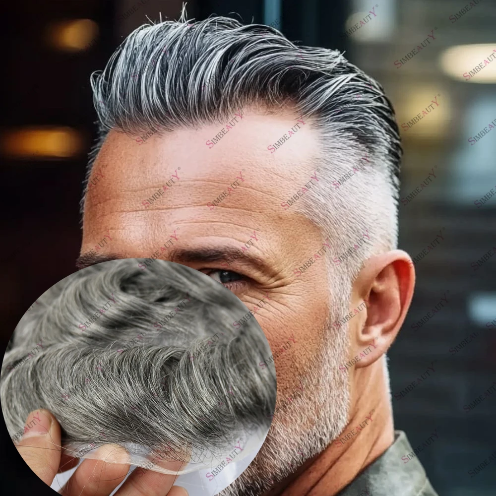 

Старый мужской парик из натуральных волос плотности 90%, супер натуральная линия волос 0,03 мм, микрокожа Vloop, капиллярный протез, выпадение волос, парики, парик