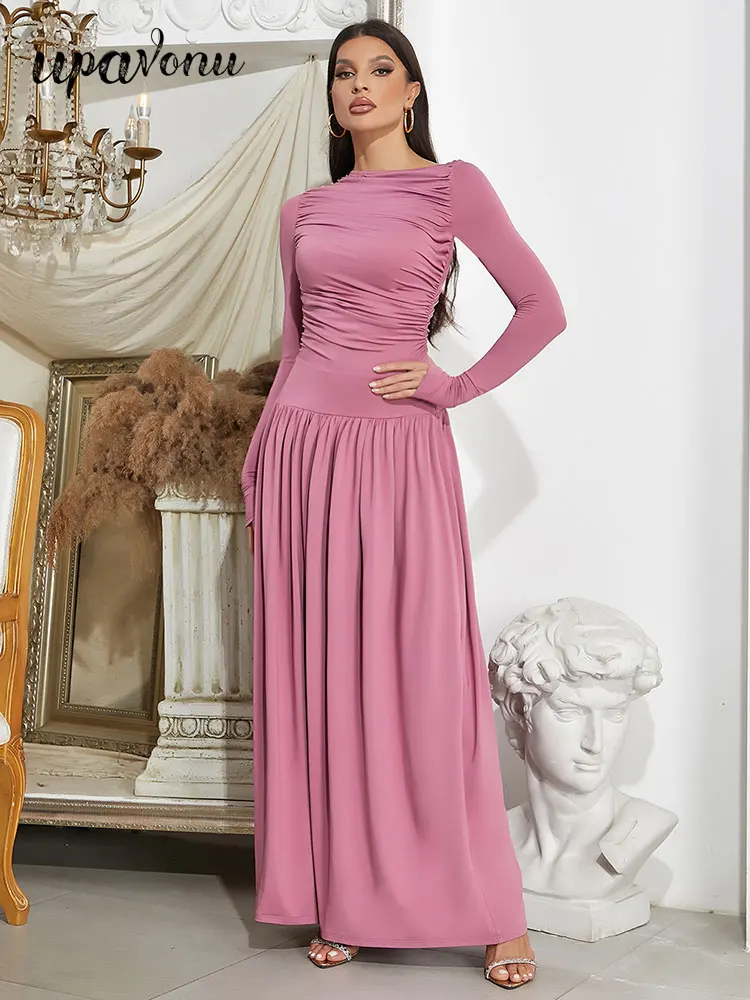 

UpAvonu 2024 Elegant Women's Dress O Neck Long Sleeve Slim Fit Draped Hundred pleats Long Dresses Celebrity Club Party Vestidos