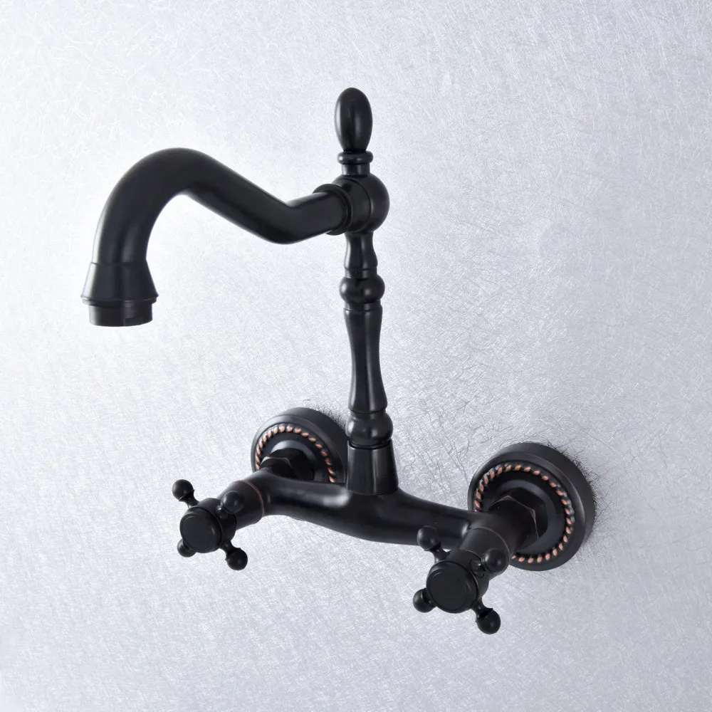 

Black Oil Rubbed Brass Swivel Spout Wall Mounted Bathroom Kitchen Sink Basin Faucet Mixer Tap Dual Cross Handles Lsf740