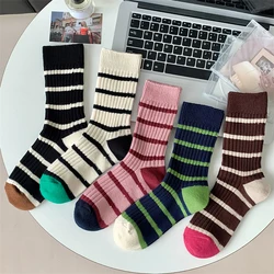 Fashion Women's Socks Spring Autumn Korean Style Mixed-Color Striped Socks Female Casual Retro Long Loose Socks For Girls Floor