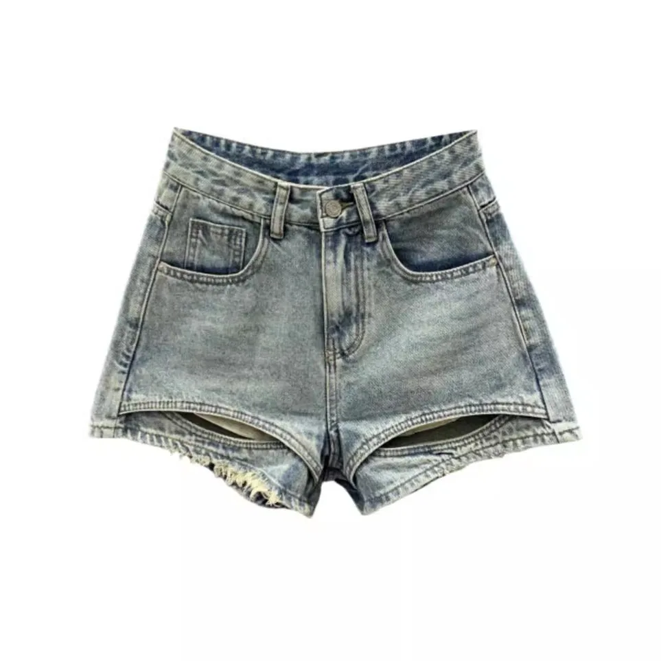 [zoci] Western Design Denim Shorts Summer New Style, Loose Slimming, Versatile Holes, High Waist Wide Legs,