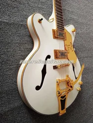 White Falcon Semi Hollow Body Jazz Electric Guitar Gold Sparkle Binding Bigs Tremolo Bridge Grover Imperial Tuners Gold Hardware