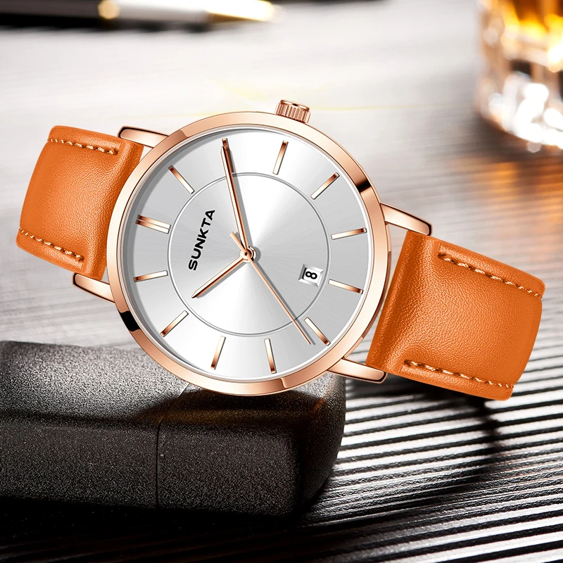 SUNKTA Fashion Orange Leather Watches for Women Casual Simple Round Women's Bracelet Watch Waterproof Quartz Ladies Wristwatch