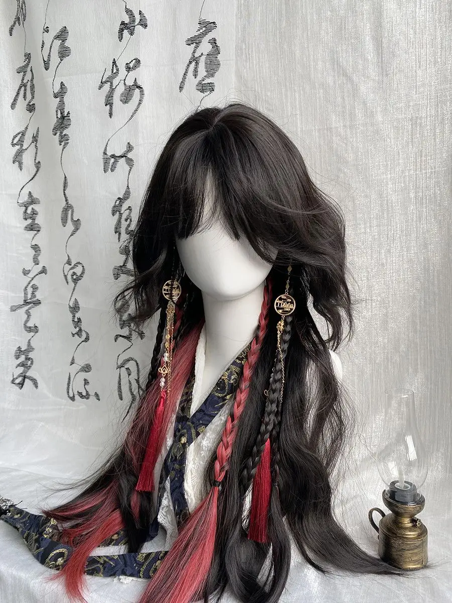 Pruik vrouwelijke volledige hoofdbedekking zwarte en rode highlights wolrol kwallen hoofd antiek porselein vader halloween cos