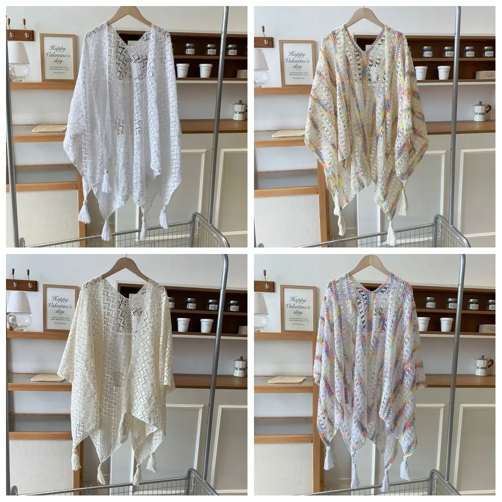 Fashion Elegant Ethnic Style Tassel Shawl Colorful Hollow Sunscreen Crochet Cardigan Retro Thin Beach Scarf Outdoor