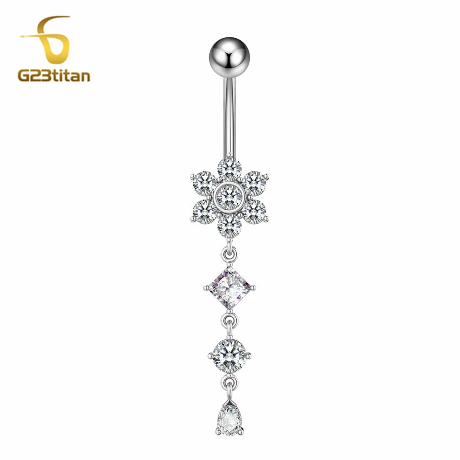 G23Titan Long Crystal Flower Belly Piercing Ring Women Body Jewelry 14G 6-16mm Titanium Curved Barbell Sexy Navel Accessories