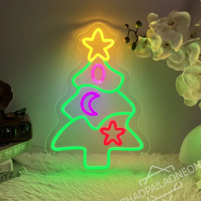 Christmas Tree Neon Sign Xmas Tree Neon Wall Light Bedroom Room Man Cave Bar Christmas Party Decoration Gift Joy Neon Light Lamp
