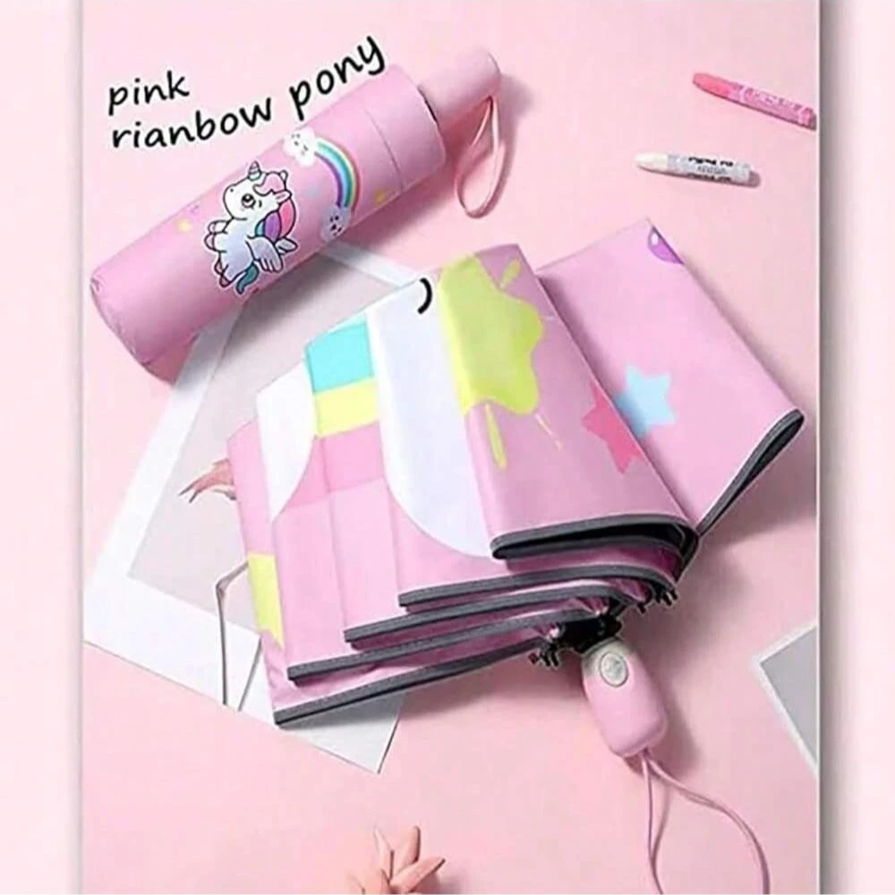 Paraguas Infantil Unicornio Plegable Automáticamente, Portátil, Resistente, con Protección Solar Integrada, Apertura/Cierre Automático, Ligero para Niños y Niñas