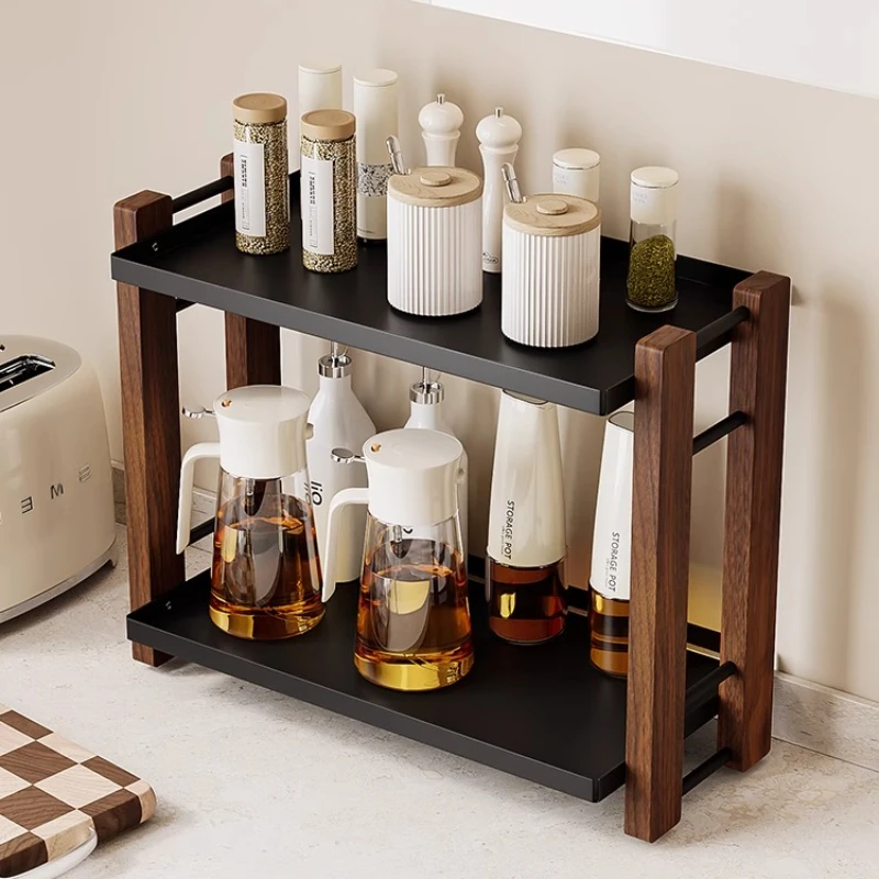 

‌Walnut Wooden Spice Shelf with Mortise Joint Thickened Kitchen Countertop Organizer Non-Tip Heavy Duty Rack