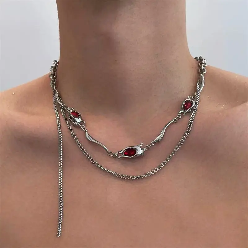 B&C Multi strand curb chain necklace with red crystal inlay tassel design goth street fashion mens neck accessory