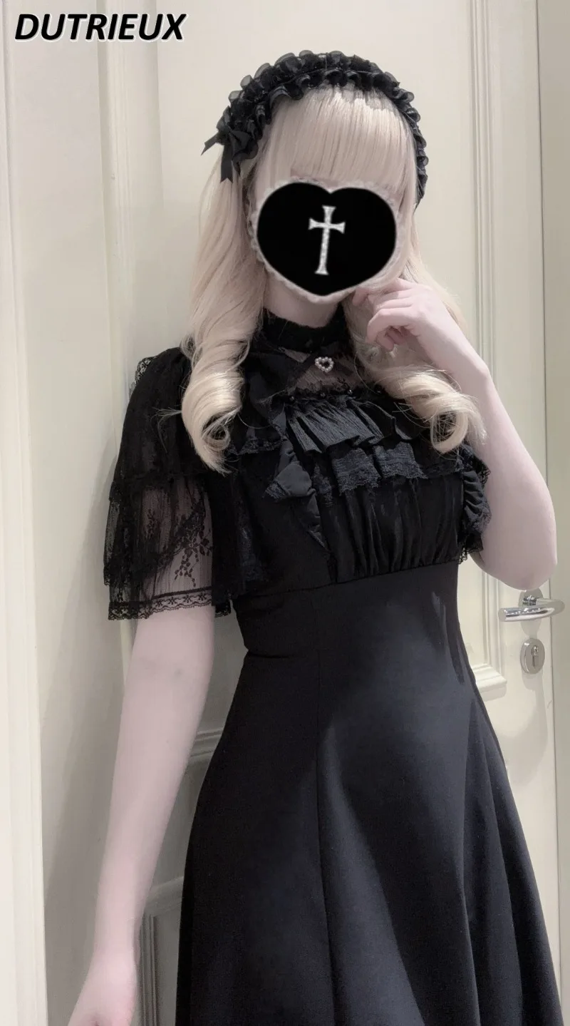 Oryginalne, masowo produkowane, dopasowane spodnie z krótkim rękawem, koronkowe, perłowe, ze stójką, słodkie dziewczęce sukienki w jednolitym kolorze