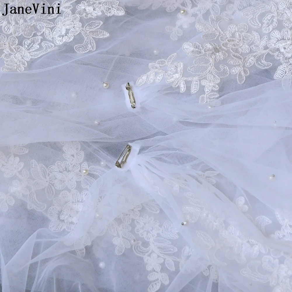 Janevini 3 Meter Lang Bridal Cape Voor Trouwjurk Wraps Mantels Wit/Ivoor Parels Lace Edge Bruid Tulle Bolero sjaal Met Pin