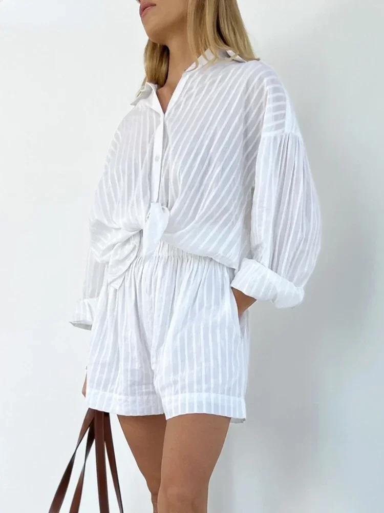 Mozuleva Casual Shorts Sets Striped Jacquard 2 Pieces Cozy Lapel Lantern Sleeve Shirt Summer Outfit Elastic Waist Shorts Suits