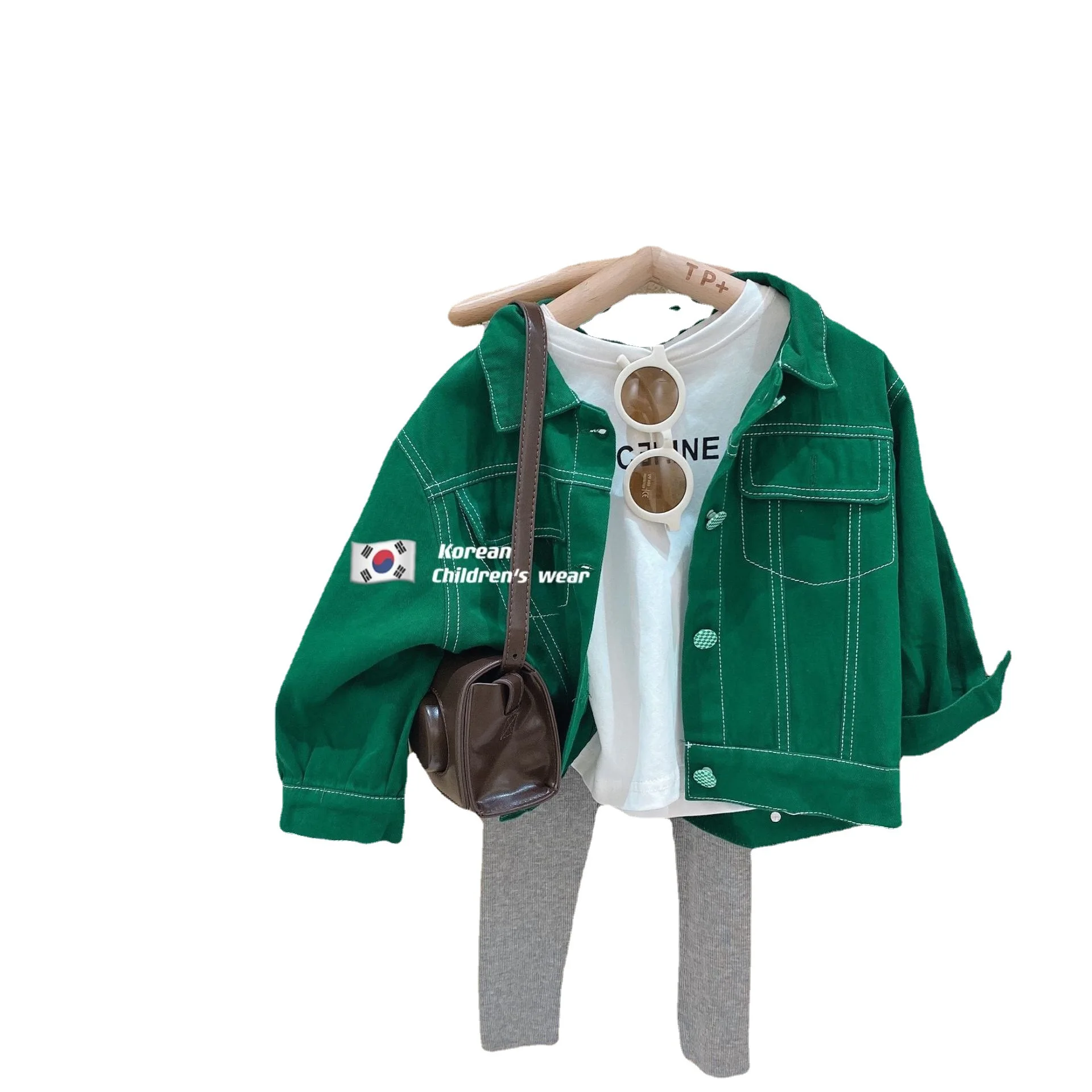 2024 koreanische lässige Jeans jacke für Kinder für den Frühling, neues Baby trend iges grünes Langarm-Top