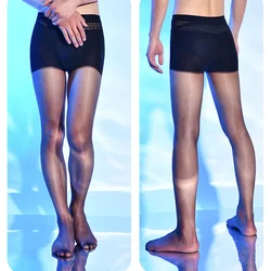 Men Silky Oil Shiny Pantyhose Ultra-thin Sheer Shiny See-Through Stockings Smooth Transparent Tights Convex Pouch Underwear