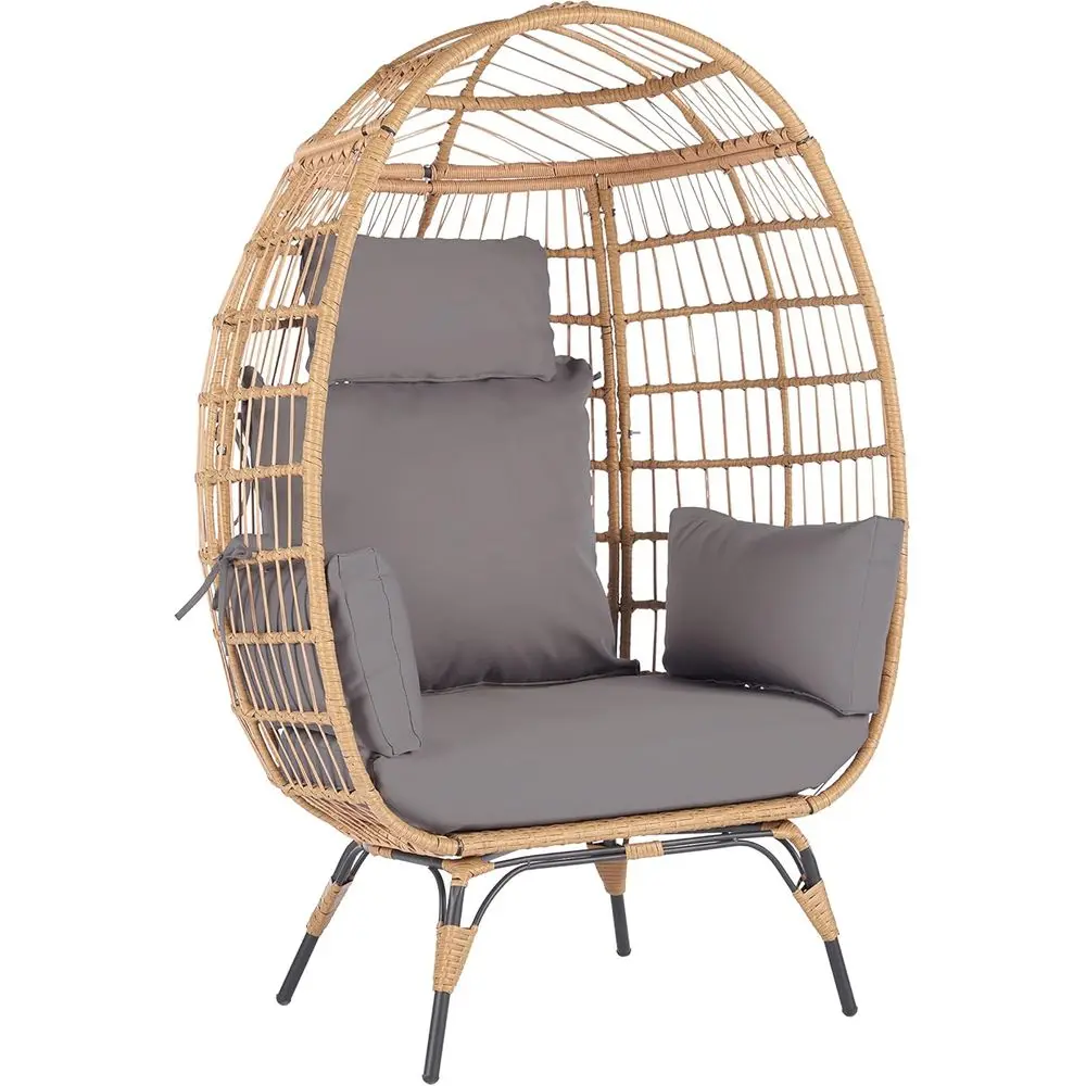 

Swivel Rattan Egg Chair with 5 Cushions, Outdoor Indoor Lounger, Light Grey