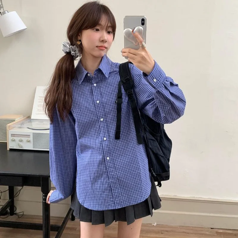 Harajuku Single Breasted Blue Plaid Shirts for Women Preppy Style Long Sleeve Loose Turn Down Collar Blouse Korean Retro Shirts