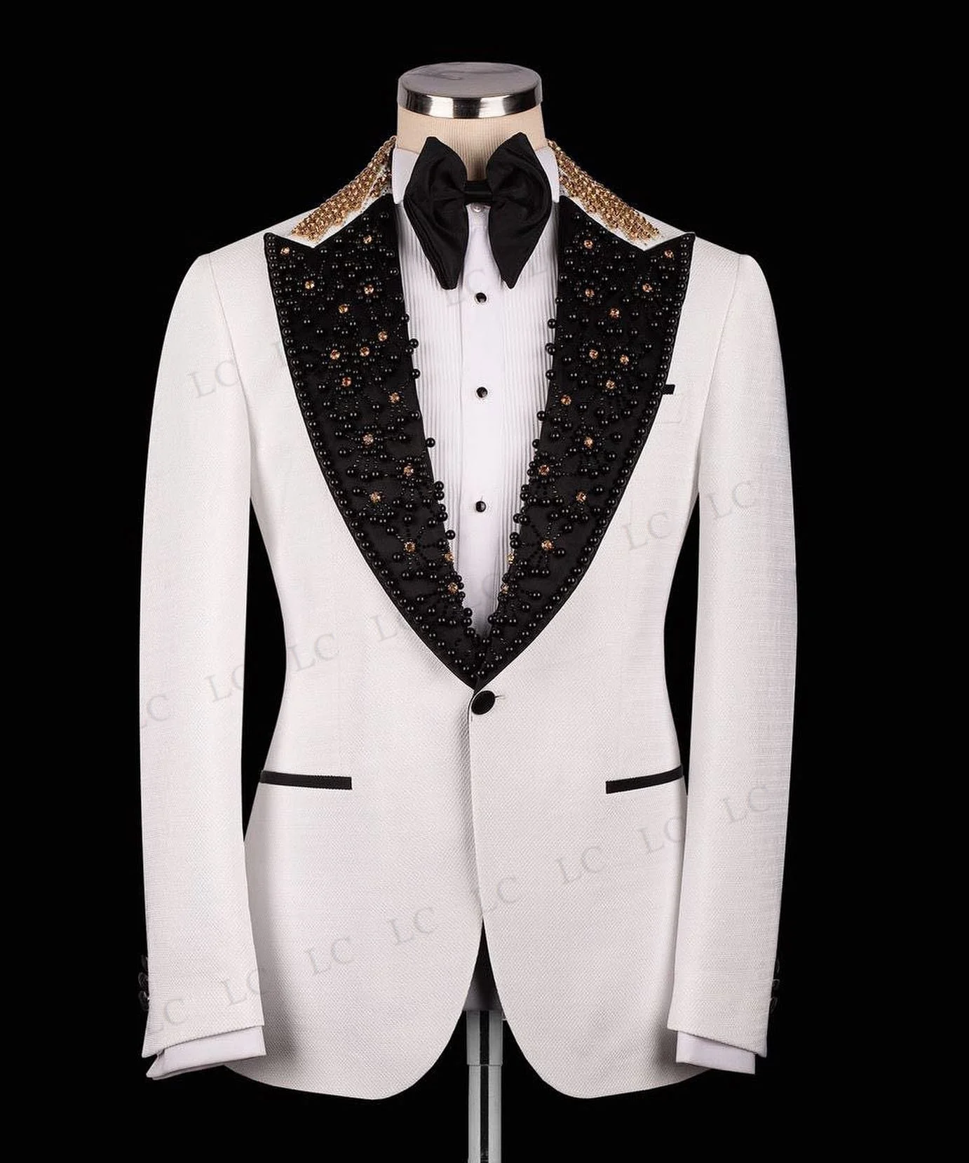 2 Pieces Beaded Men Suits One Button Crystals Diamonds Tuxedo Slim Wedding Groom Prom Blazer Pearls Plus Size Costume Homme