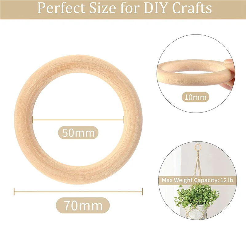 ABUH-90Pcs anillos de madera de 70Mm, círculos de madera de anillo de madera para manualidades DIY, colgador de plantas de macramé, adornos y fabricación de joyas