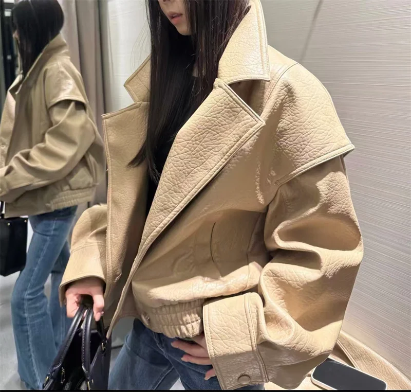 Guobioziy 2026 Women's Jacket Fall/Winter New Khaki Long-Sleeve Faux Leather Loose-Fit Parka Motorcycle Stylish Casual