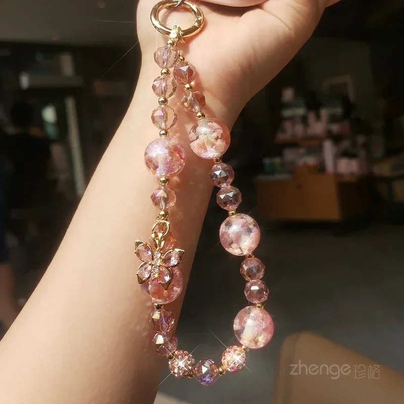 

Butterfly Crystal Beaded Bracelet Hand Beaded Girl Powder Pendant Mobile Phone Lanyard Mobile Phone Case Universal Clip Type