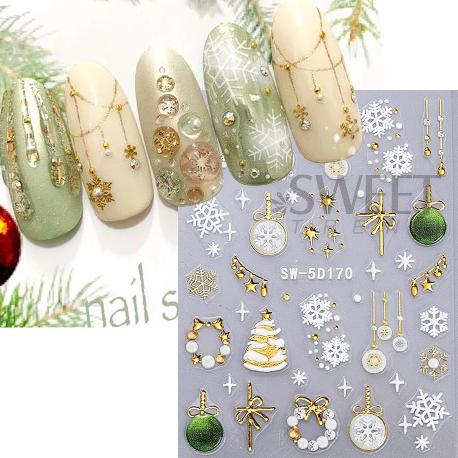 5D Bubbles Pendant Embossed Christmas Nail Art Stickers Xmas Tree Snowflakes Self Adhesive Decals  Sliders Winter Manicure Decor