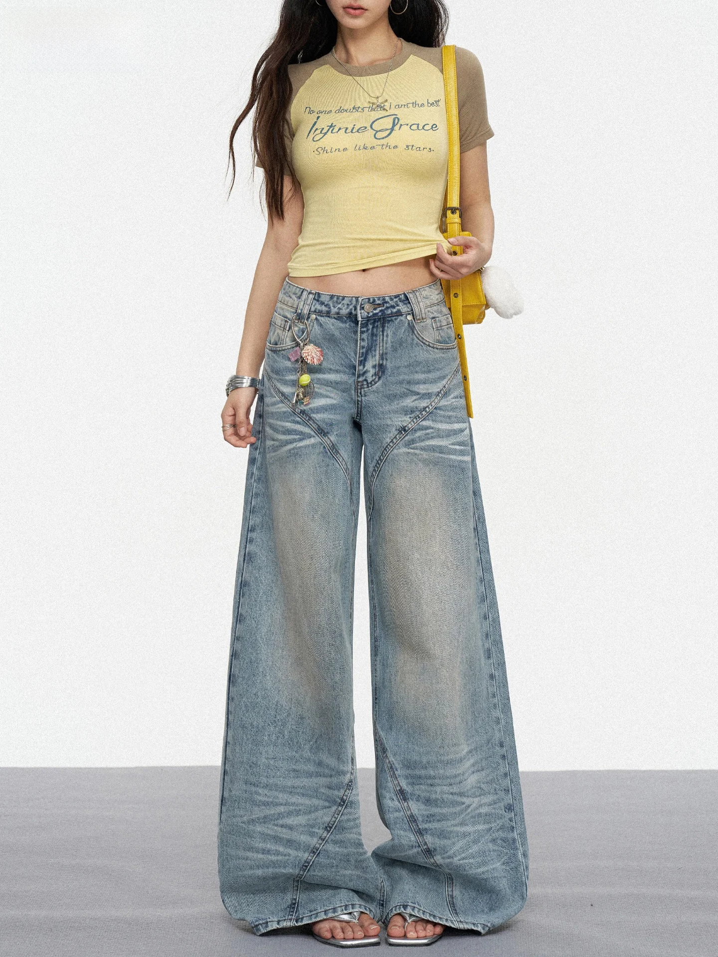 

Light Blue Women's Jeans Loose Floor-Length Washed American Style Deconstructed Wide Leg Pants Spring 2026 New Arrival