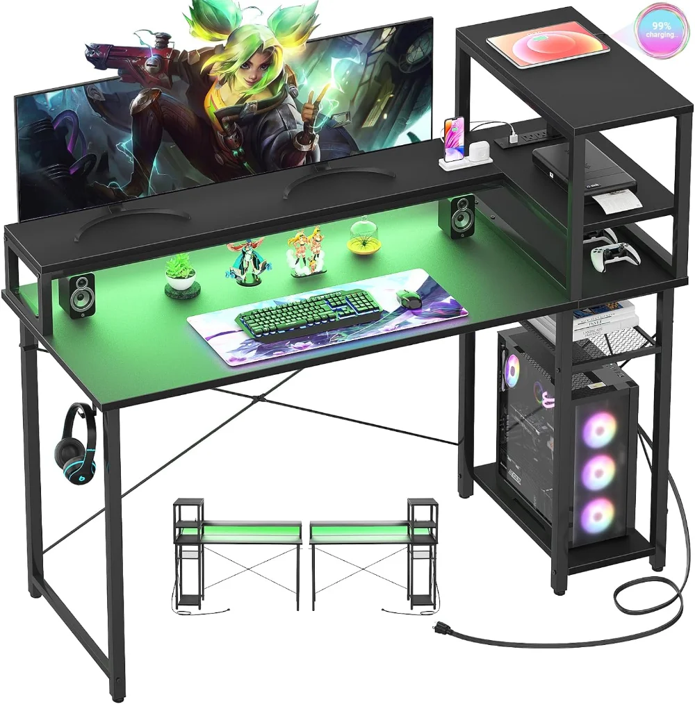 

Cyclysio Gaming Desk 47", Computer Desk with Reversible Storage Shelves, Home Office Desk with Power Outlets