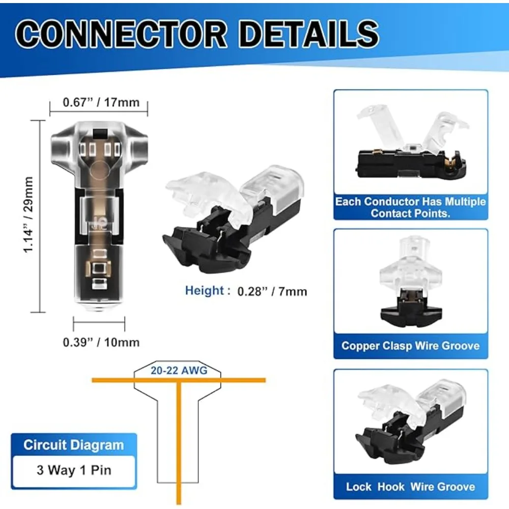 10/20/30Pcs 1/2 Pin T Tap Wire Connectors Solderless No-Stripping Insulated Low Voltage Quick Wire Splice for DIY Wiring