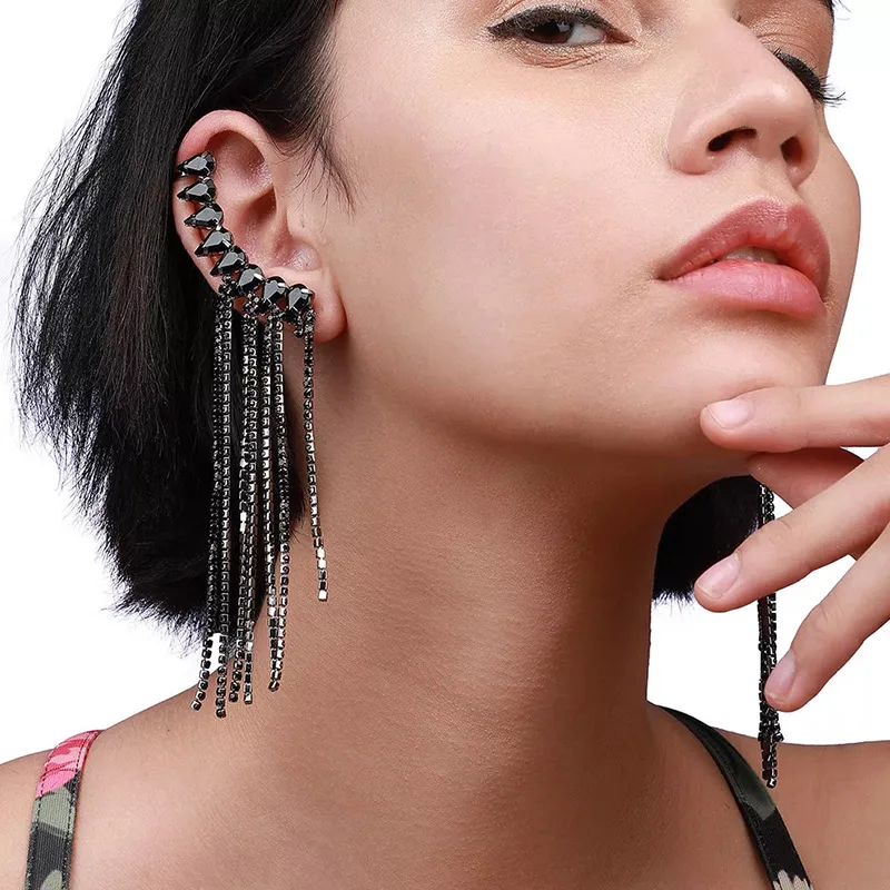 

Luxury Black Rhinestone Long Tassel Drop Earrings for Women 2025 Statement Water Drop Ear Bone Clip Jewelry Accessories Gift