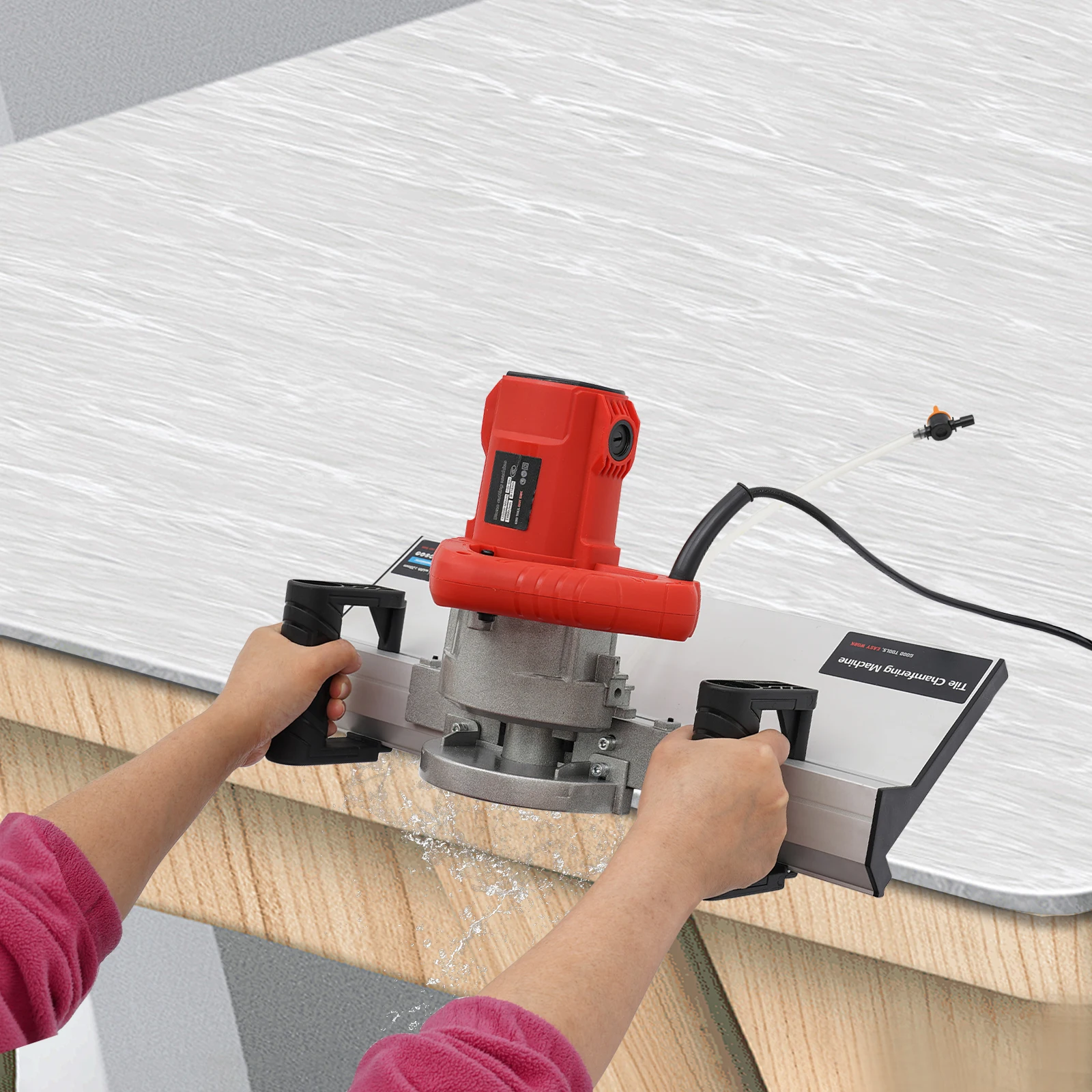1200W Fliesen-Abschrägungsmaschine 13000 U/min 43 ° Fester Fasenwinkel, Wasserkühlung, Staubentfernung, hochpräzise Aluminiumlegierungsbasis, Sicherheitsverriegelung, tragbarer