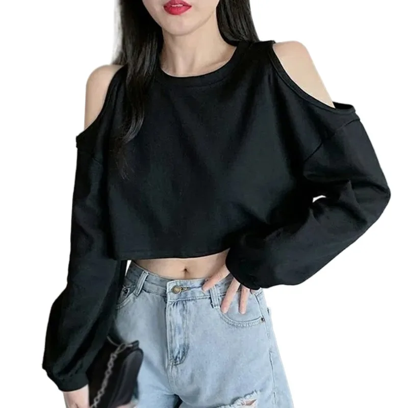 Womens O Neck Cold Shoulder Crop Tops Long Sleeve Summer Autumn T Shirts Basic Tees