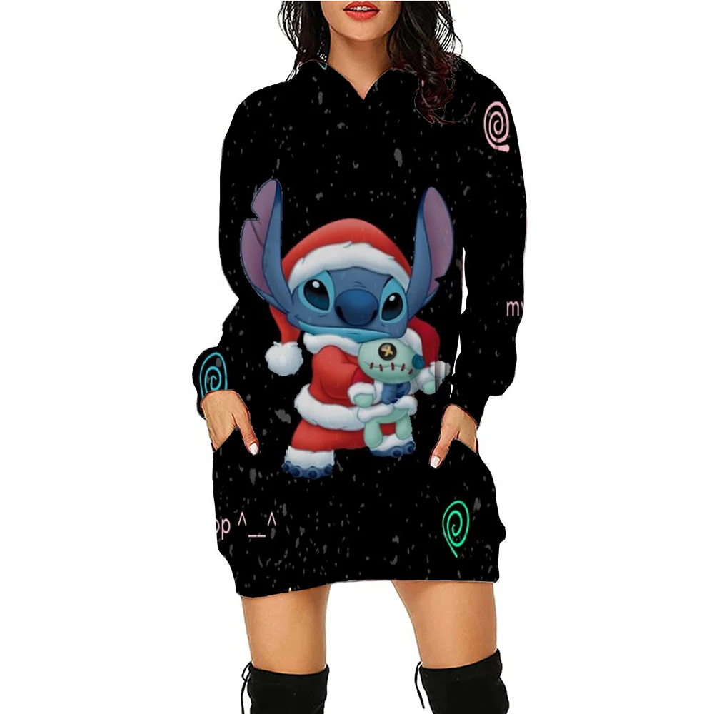 Disney Stitch Kawaii Women\'s Hoodies Dress Ladies Fashion High Quality 2024 Streetwear Youthful Woman Christmas Clothes Pullover