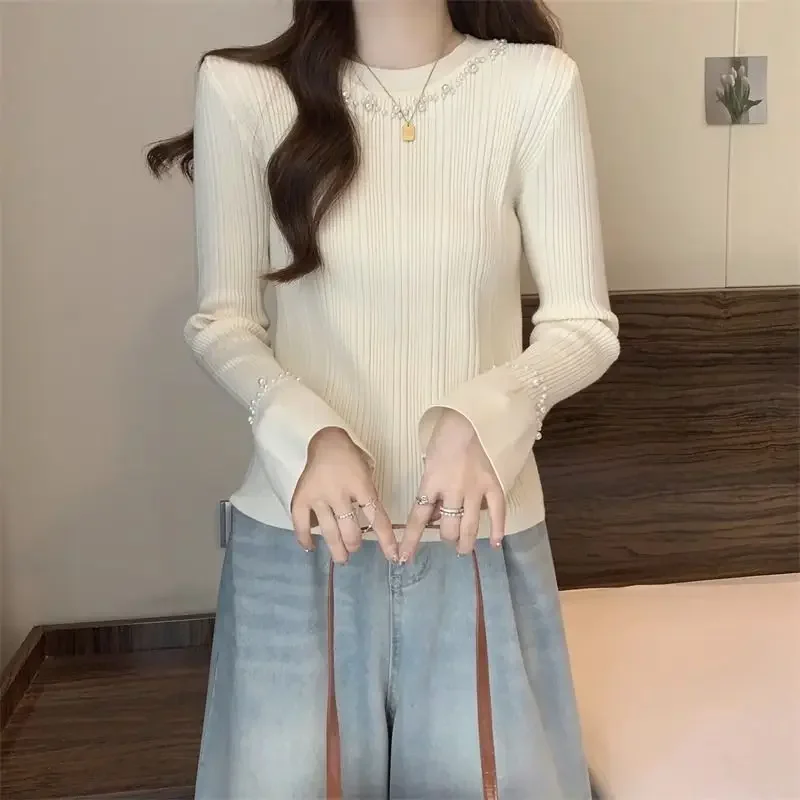 Frauen Koreanische Mode Elegante Chic Perlen Grundlegende Gestrickte Pullover Frühling Herbst Süße Feste O Hals Langarm Schlank Pullover Tops
