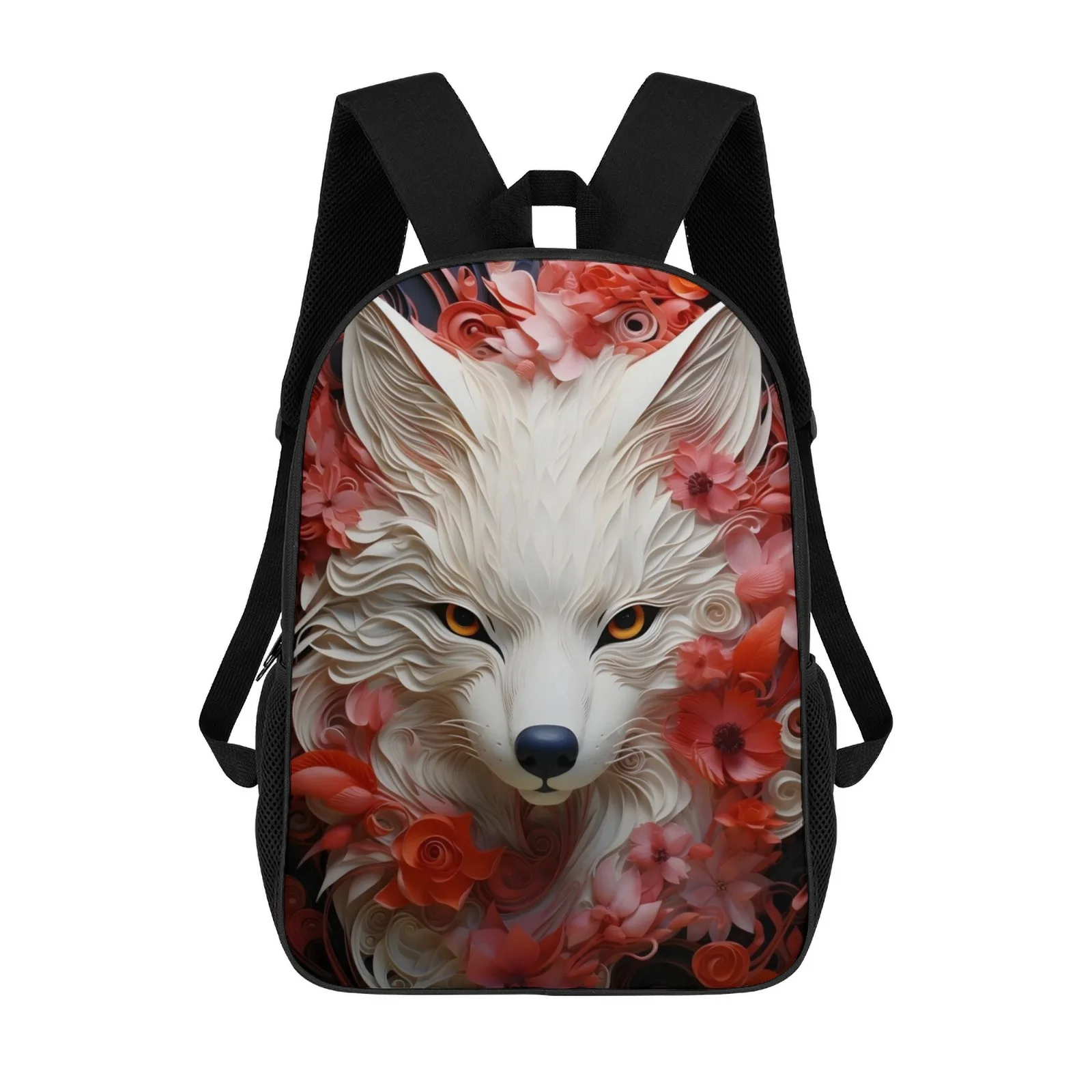 

White Fox in Red Flowers Backpack Printed School Backpacks For Teenagers University Bag Woman 17 Inch School Backpack Bag