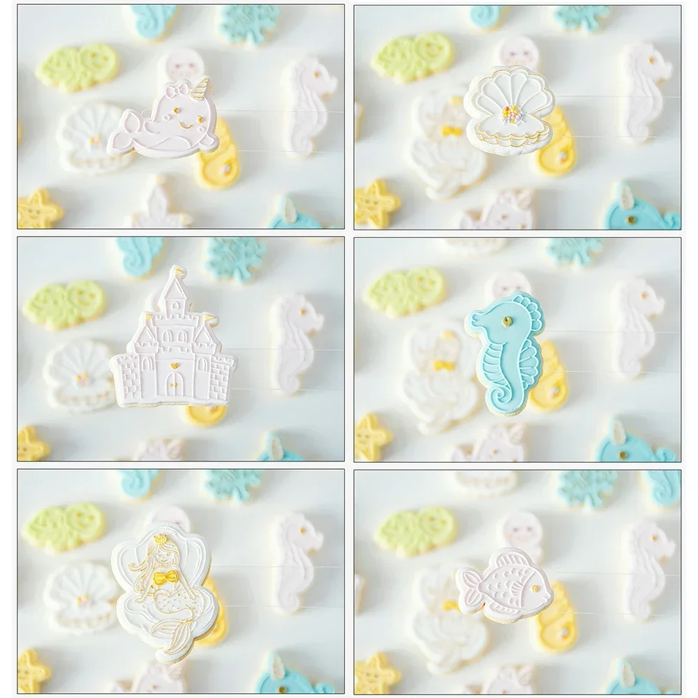 Cute Cartoon Sea Animal Mermaid Cookie Plunger Cutters Fondant Cake Mold Biscuit Sugarcraft Cake Decorating Tools Cookie Stamp