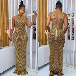 Black Gold African Dresses for Women Summer Sexy African Women Wedding Evening Backless Mesh See Through Night Club Maxi Dress