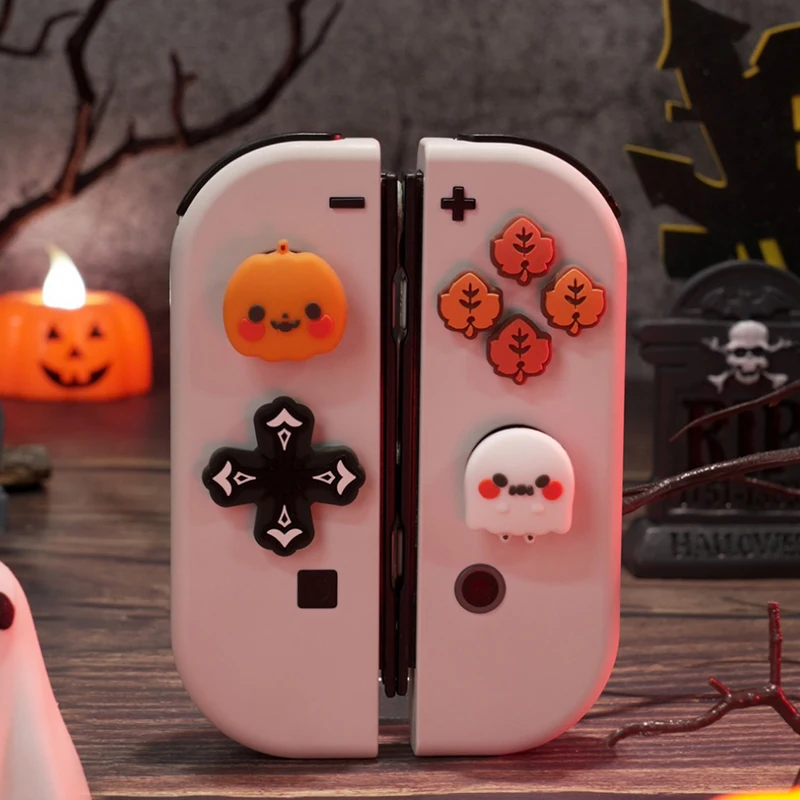 Pumpkin Ghost Silicone Soft D-pad Cross Button ABXY Key Sticker Skin Case For Switch Oled NS Joy-con Thumb Stick Grip Cap Cover