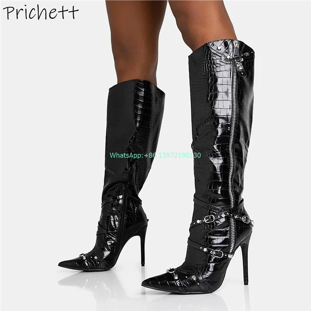 

Crocodile Pattern Solid Knee High Boots Pointy Toe Thin Heels Zipper Belt Rivet Sexy Shoes Ladies Sexy Runway Fashion Boots