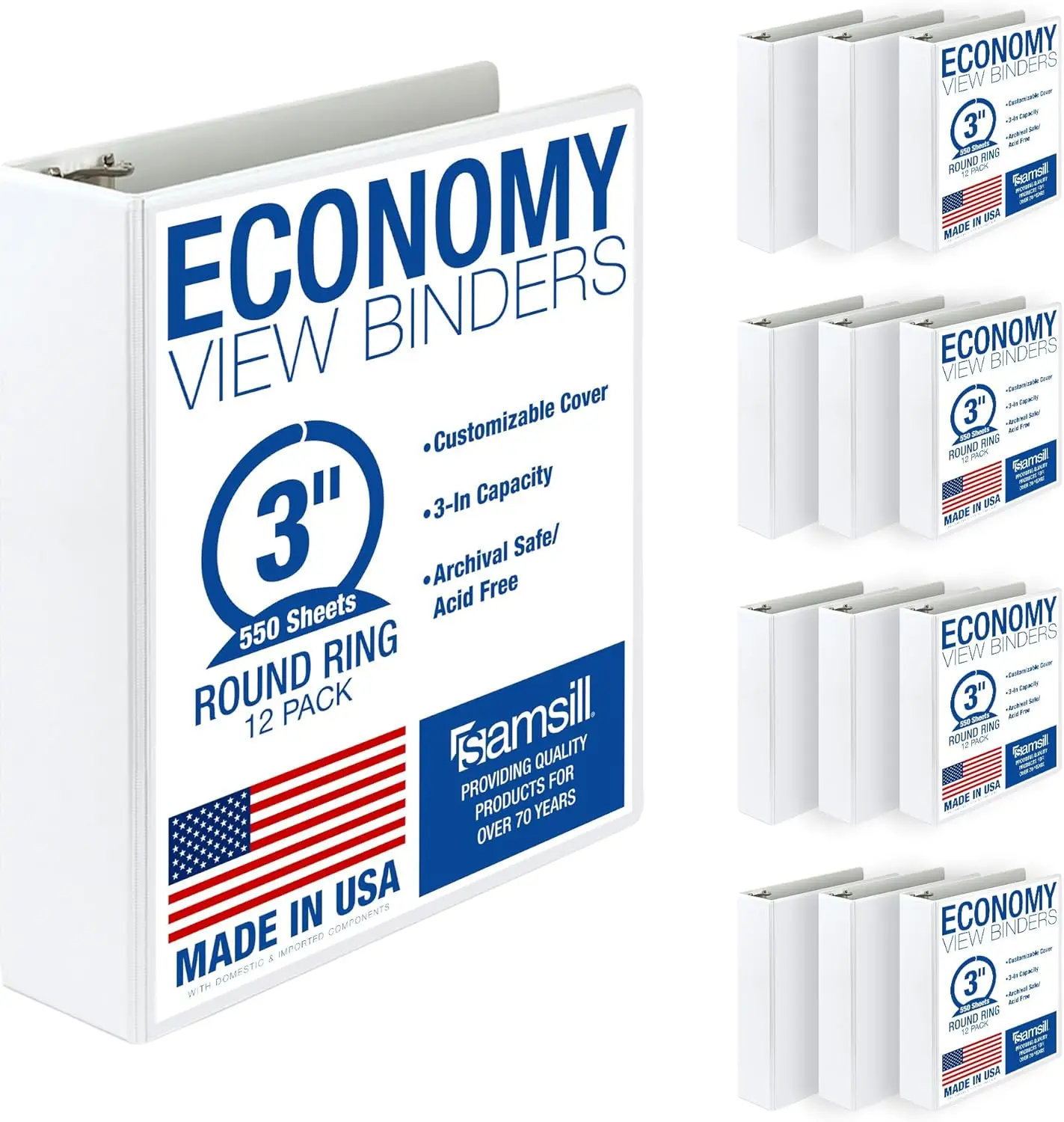 

3 Inch 3 Ring Binders, Economy Round Ring, Clear View Cover, 550 Sheet Capacity - White, 12 Pack