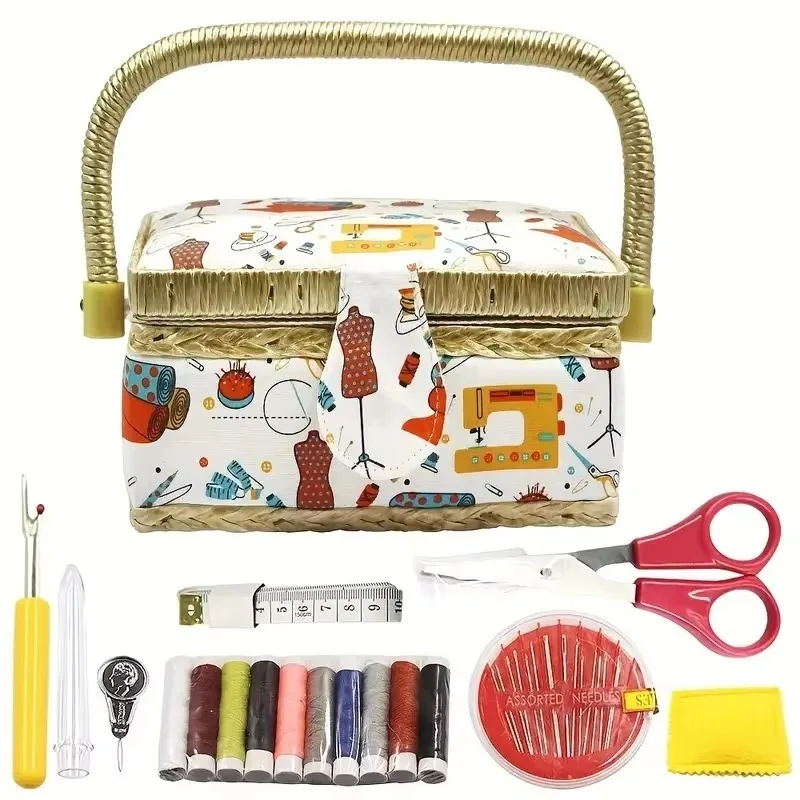 Durable sewing basket organizer with handle and complete set of accessories