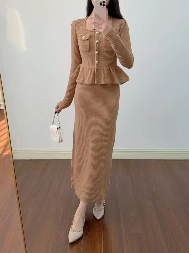2026 Spring New Style Elegant Business Sleeveless Fit-Flattering Long-Sleeved Square-Neck Knitted Dress for Women