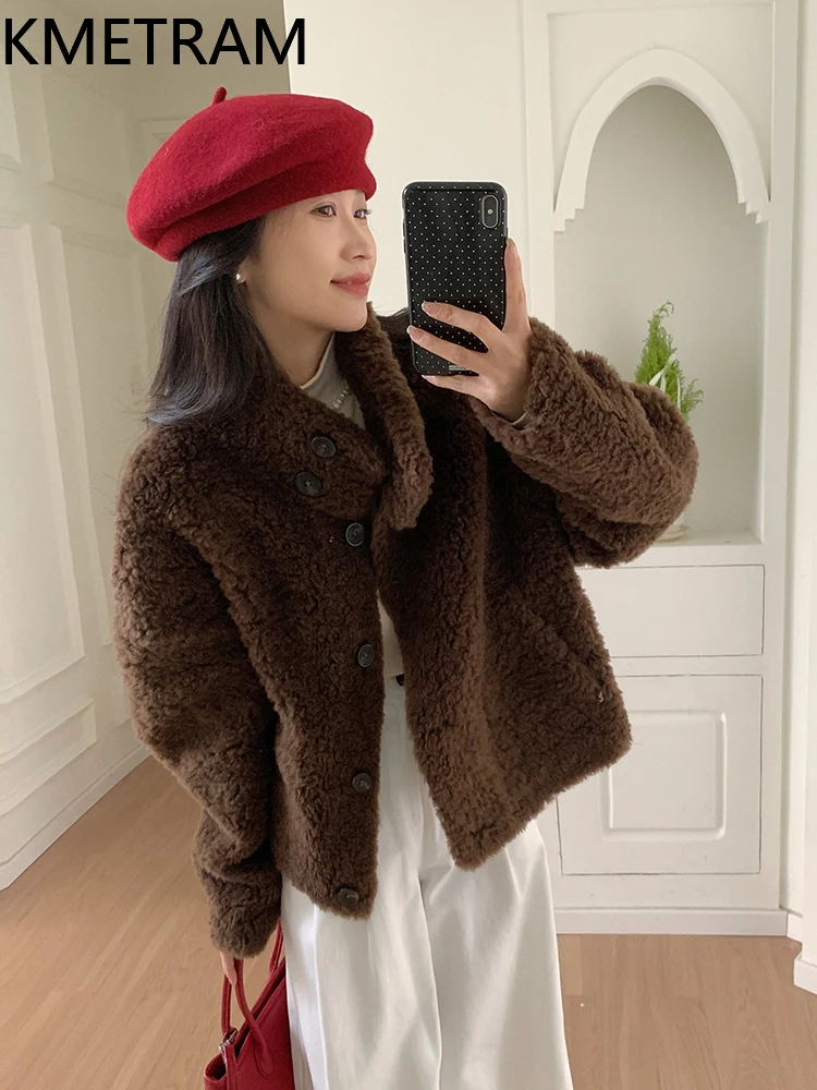 KMETRAM 100% Australian Wool Stylish Winter 2025 New Fur Short Coat with a Stand-Up Collar and One-Piece Design пальто женское