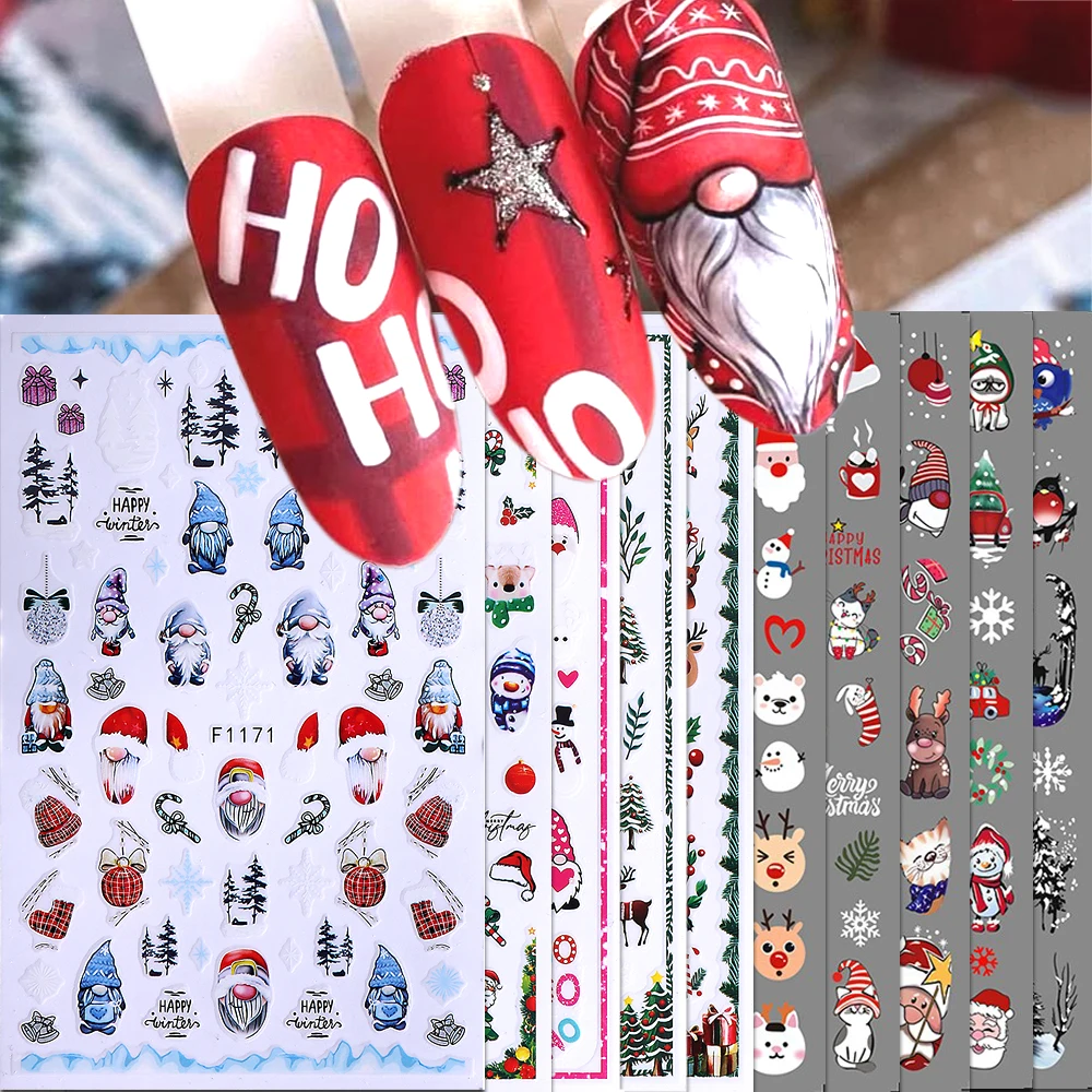 10 Stück 3D Weihnachten Nail Art Aufkleber Weihnachtsmann/Elch/Schneemann/Kiefer selbstklebende Winter Nail Art Dekoration Abziehbilder Maniküre DIY