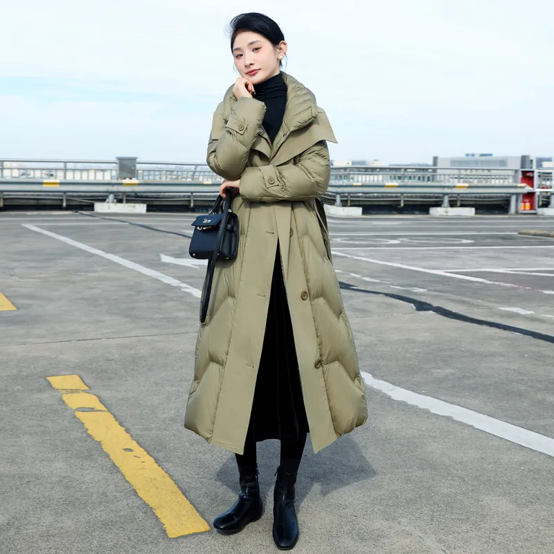 Chaqueta ajustada con cuello de solapa para mujer, abrigo largo de plumón de pato blanco con cinturón, Parkas cálidas para mujer, moda de invierno,