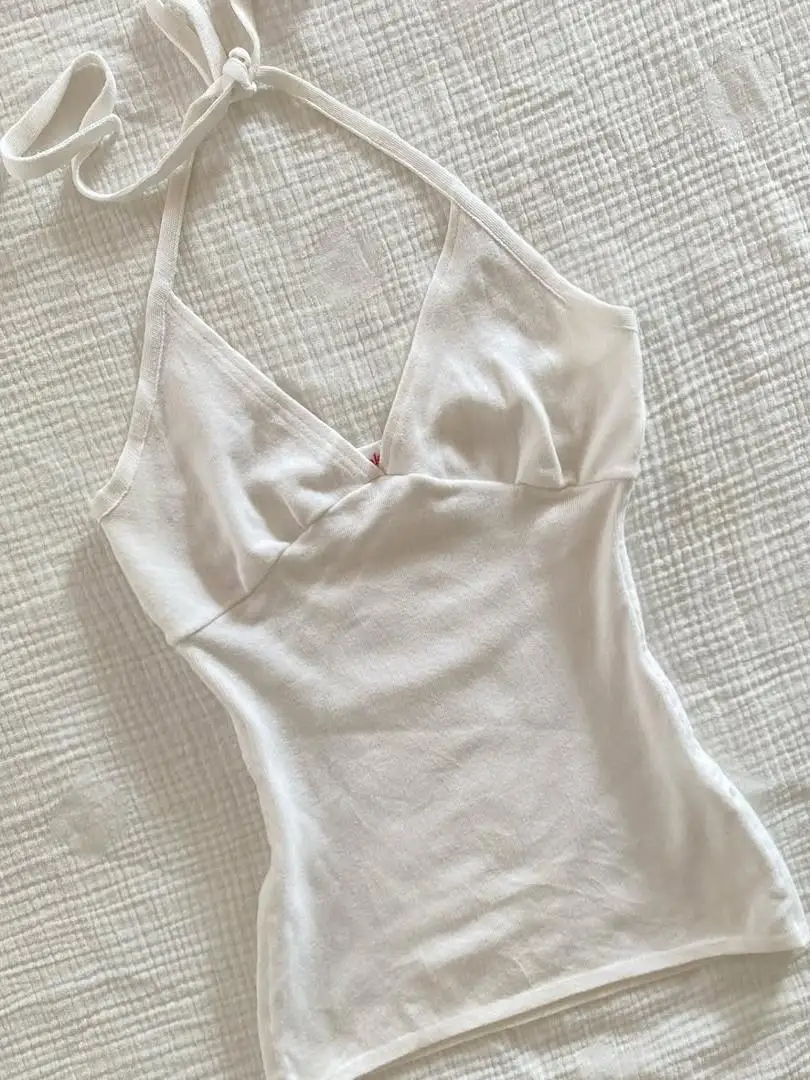 سترة صيفية أصلية بسيطة بيضاء بحمالات رفيعة، تصميم جديد لعام 2025، طوق رجعي معلق، مزيج من القطن والبوليستر، تصميم نحيف للنساء،...