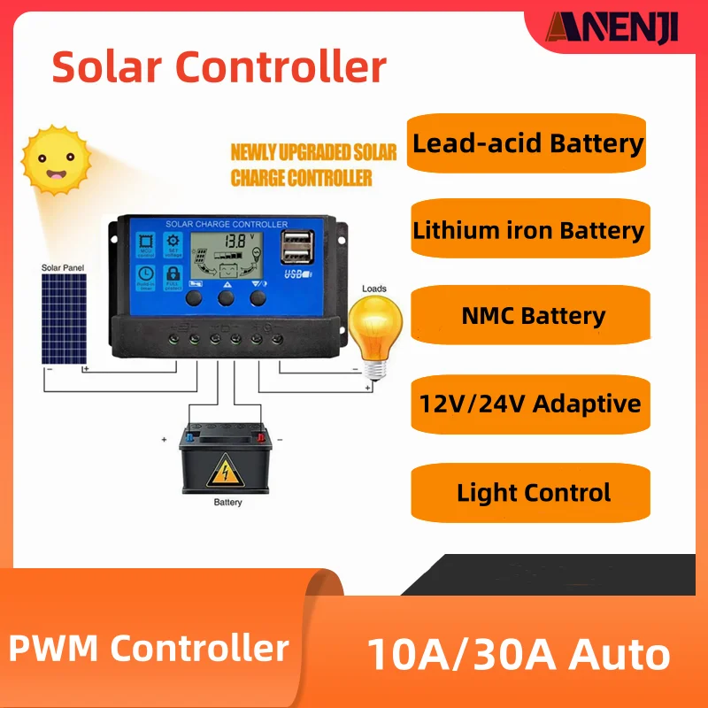 Solar Charge Controller 12V 24V PWM 30A 10A Solar Panel Battery Regulator LCD Display Dual USB 5V Output Enough Stock