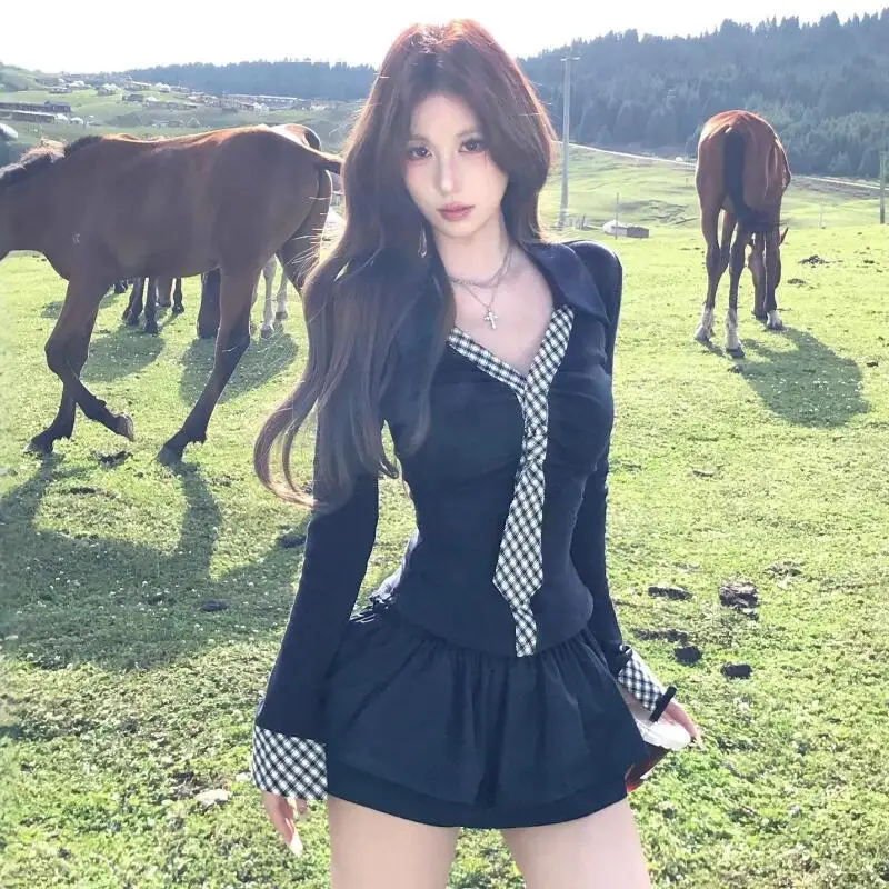 

Spring Autumn New Fashion Women Clothing Pure Desire Design Sense Checkered Tie Set Long Sleeve Tshirt High Waist Puff Skirt Set